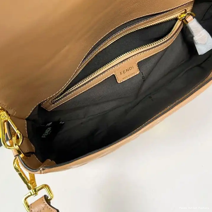 Affordable HOT In Medium Brown Fendi FF Leather Nappa Motif Baguette Bag 0618